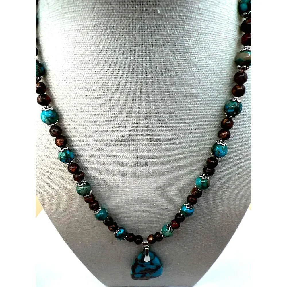 NEW Handmade Brown And Bluegreen Beaded Faux Turquoise Necklace - Picture 3 of 12